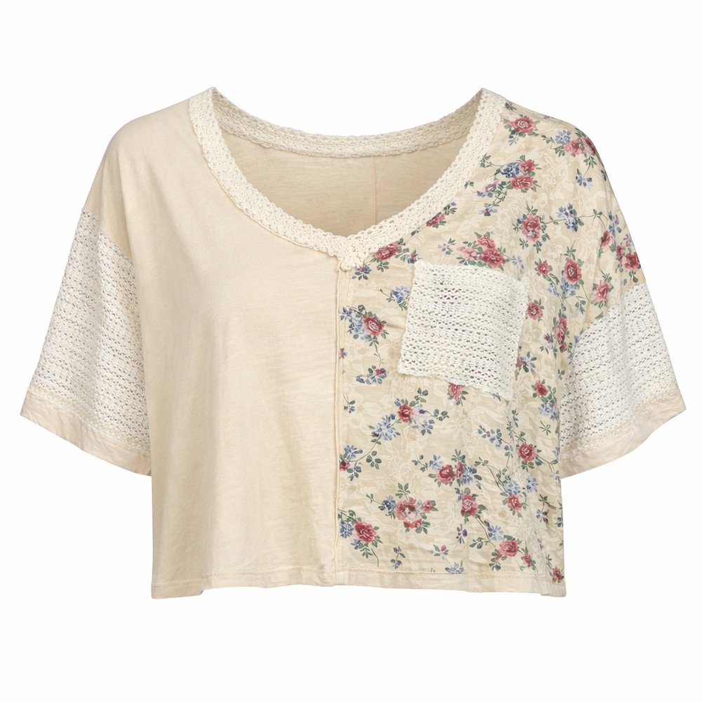 POL Boho Patchwork Crochet Top Cream Floral Cottagecore Oversized Knit Tunic